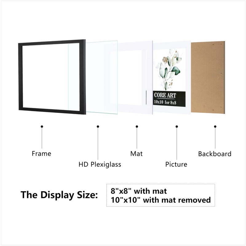 CORE ART 10x10 Picture Frame Set of 4, Display Pictures 8x8 with Mat or 10 x 10 without Mat, Multi Photo Frames Collage for Wall or Tabletop Display, Black - Image 2